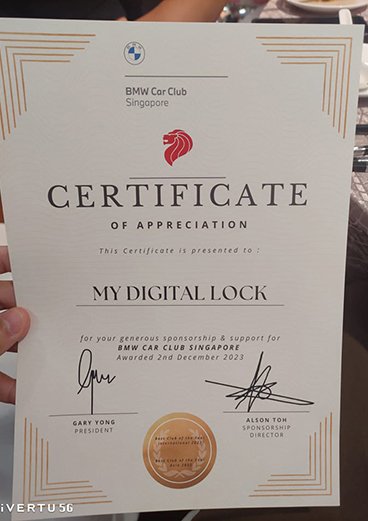 My-Digital-Lock - BMW-Car-Club-Singapore-certificate